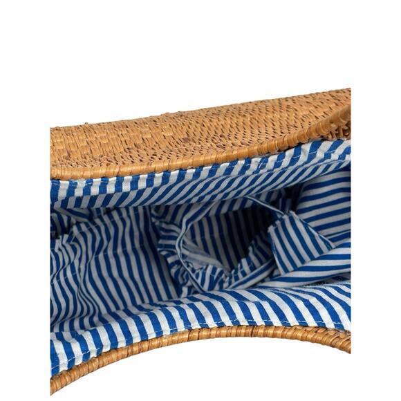 Anthropologie Veld Raffia Handbag Purse Tote Bag Blue White Lining - Picture 8 of 10
